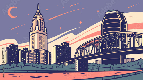 Cincinnati skyline featuring skyscrapers, bridges, and a chrysler buildinginspired structure. Perfect for urbanthemed designs, website banners, and advertisements.