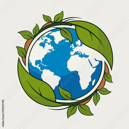 A vibrant illustration of planet Earth encircled by lush green leaves, symbolizing environmental protection and ecological balance.