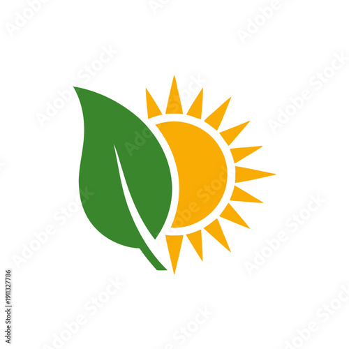 A green leaf partially covers a bright yellow sun with radiating rays, symbolizing nature, growth, and renewable energy.