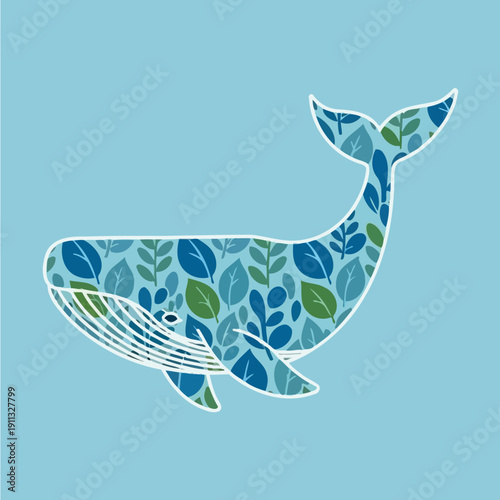 A stylized illustration of a blue whale filled with a pattern of green and blue leaves and branches against a light blue background.