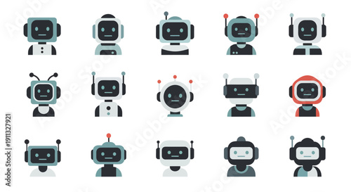 A collection of futuristic robot vector icons featuring various designs, including humanoid and android robots, with a mix of metallic and modern styles, on a clean white background.