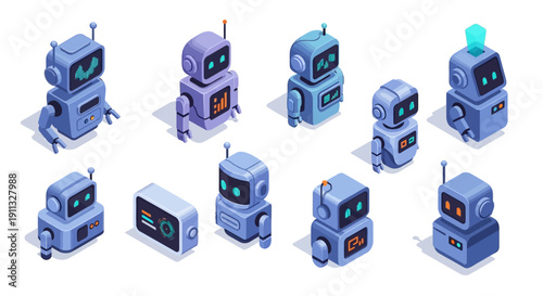 Collection of futuristic robot vector icons in various shades of blue and purple, featuring humanoid and industrial designs with glowing screens and antennae, on a clean white background.