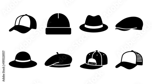 cap , black vector icon set collection , white background , SVG and PNG