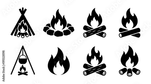 campfire , black vector icon set collection , white background , SVG and PNG