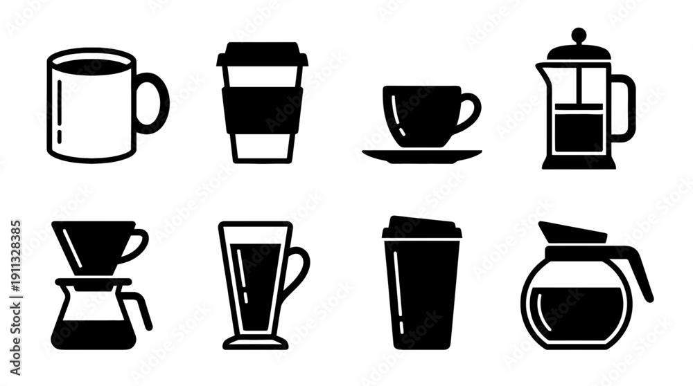 Fototapeta premium coffee cup , black vector icon set collection , white background , SVG and PNG