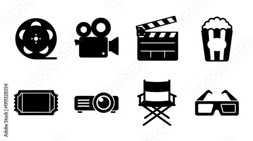 cinema , black vector icon set collection , white background , SVG and PNG