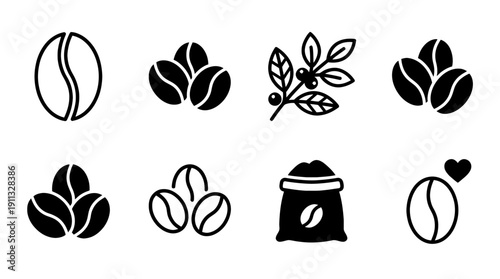 coffee beans , black vector icon set collection , white background , SVG and PNG
