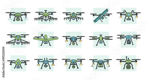 Collection of Diverse Agricultural Drones for Crop Spraying and Monitoring.