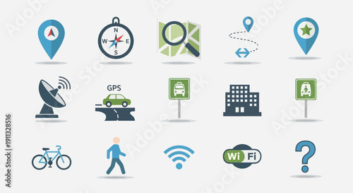 Colorful Navigation and Location Icons Set for Travel and Maps.