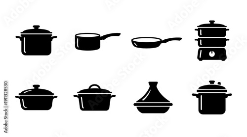 cooking pot , black vector icon set collection , white background , SVG and PNG
