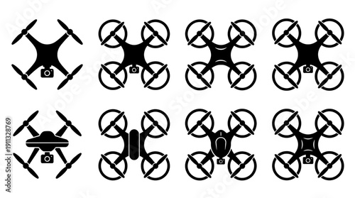 drone quadcopter , black vector icon set collection , white background , SVG and PNG