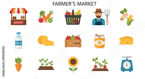 Farmers Market Food Icons: Fresh Produce Dairy and Local Goods.
