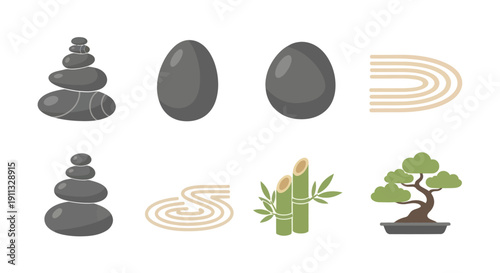 Zen Garden Elements: Stacked Stones Raked Sand Bamboo and Bonsai Tree.