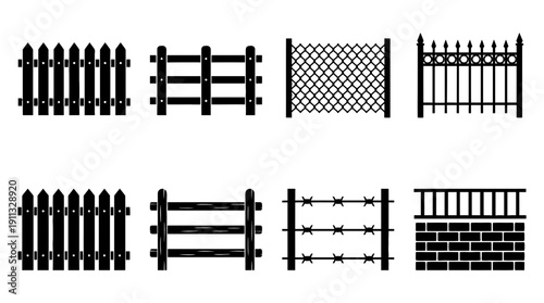 fence , black vector icon set collection , white background , SVG and PNG