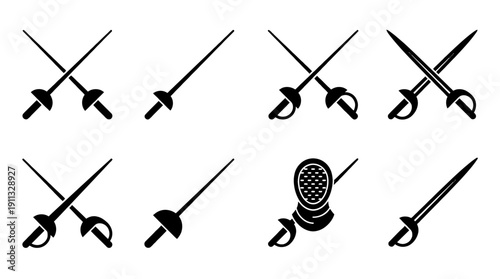 fencing sword , black vector icon set collection , white background , SVG and PNG