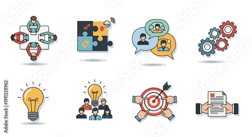 Colorful Business and Teamwork Concept Icons Set for Strategy Collaboration and Innovation.