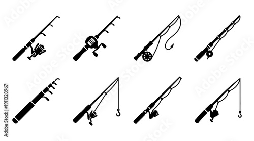 fishing rod , black vector icon set collection , white background , SVG and PNG