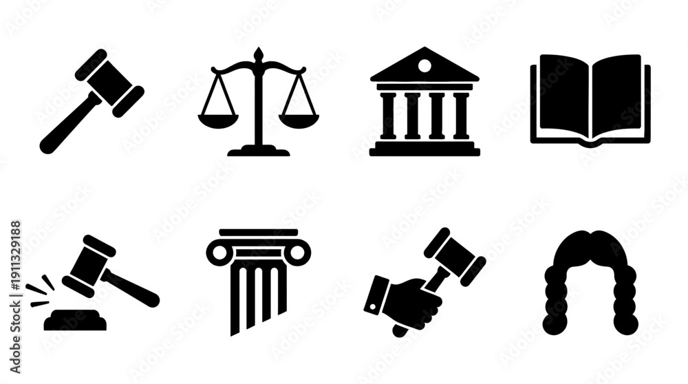 Obraz premium gavel justice , black vector icon set collection , white background , SVG and PNG