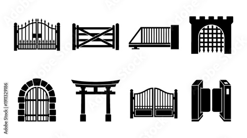 gate , black vector icon set collection , white background , SVG and PNG