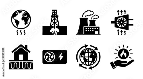geothermal energy , black vector icon set collection , white background , SVG and PNG