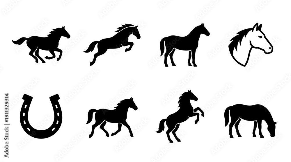 Fototapeta premium horse , black vector icon set collection , white background , SVG and PNG