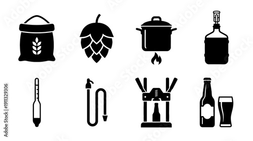 home brewing beer , black vector icon set collection , white background , SVG and PNG