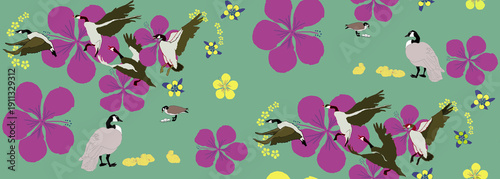 Seamless design offset inspired by goose families in Sonoma, California and yellow and violet flowers green background paper, textile design, packaging