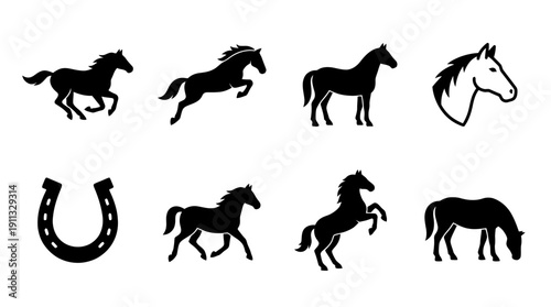 horse , black vector icon set collection , white background , SVG and PNG