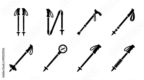hiking pole , black vector icon set collection , white background , SVG and PNG