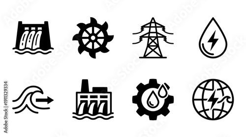hydro power , black vector icon set collection , white background , SVG and PNG