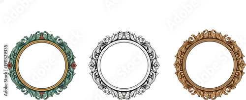 Three ornate circular frames in vintage styles: ornate green foliage, detailed black and white scrollwork, and rich wooden gold.