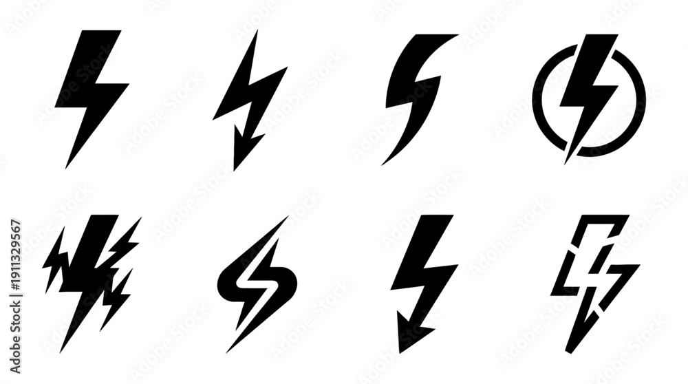 Fototapeta premium lightning bolt , black vector icon set collection , white background , SVG and PNG