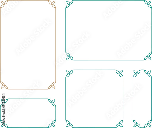 Collection of five simple, elegant frames with subtle leaf-like corner details in beige and teal.