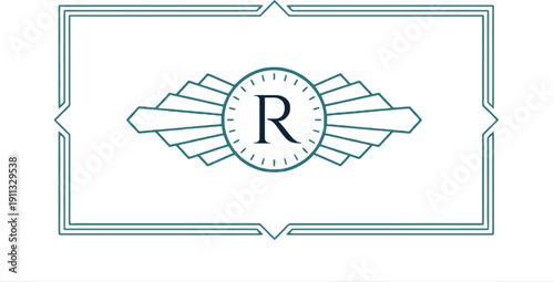 Art Deco style rectangular frame with a central geometric medallion, featuring the letter 'R'.