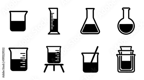 laboratory beaker , black vector icon set collection , white background , SVG and PNG