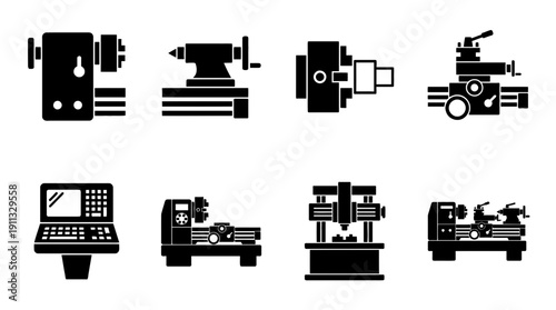lathe machine , black vector icon set collection , white background , SVG and PNG
