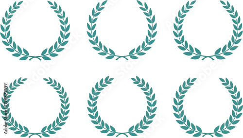 Set of six elegant teal laurel wreath icons, symbolizing achievement, victory, and award. Ideal for sports, academic, or corporate recognition designs.