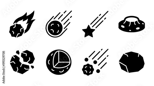 meteorite , black vector icon set collection , white background , SVG and PNG