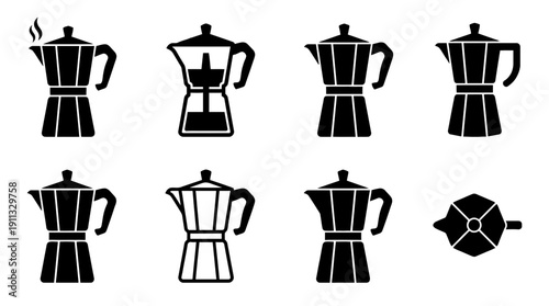 moka pot , black vector icon set collection , white background , SVG and PNG
