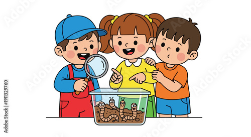 Three enthusiastic children engage in a science exploration activity, observing worms in a clear container, with one boy using a magnifying glass for a closer look.