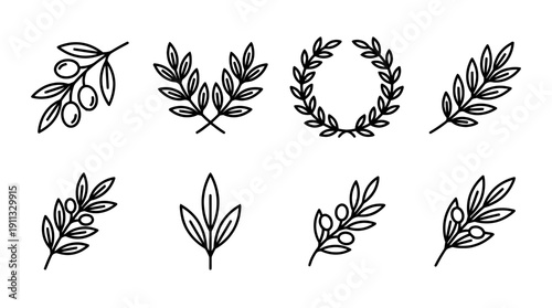 olive branch , black vector icon set collection , white background , SVG and PNG