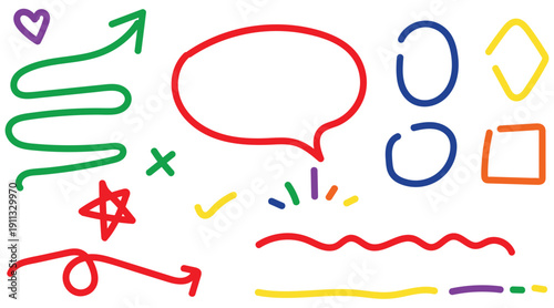 Colorful marker pen hand drawn arrows and speech bubbles set for education or presentation