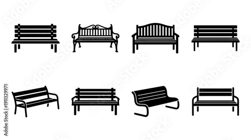 park bench , black vector icon set collection , white background , SVG and PNG
