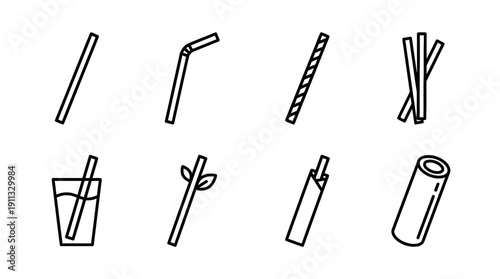 paper straw , black vector icon set collection , white background , SVG and PNG