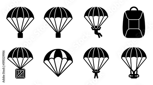 parachute , black vector icon set collection , white background , SVG and PNG