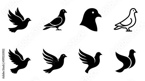 pigeon , black vector icon set collection , white background , SVG and PNG
