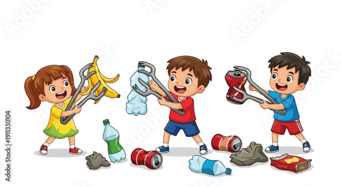 Three cheerful children use large tongs to collect various types of waste like banana peels, plastic bottles, and crumpled cans, promoting cleanliness and recycling.