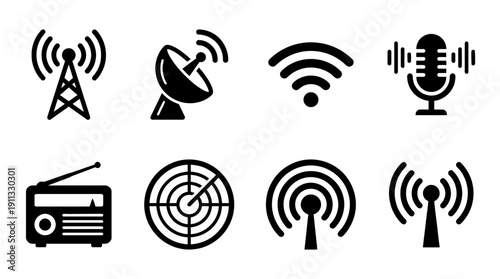 radio wave , black vector icon set collection , white background , SVG and PNG