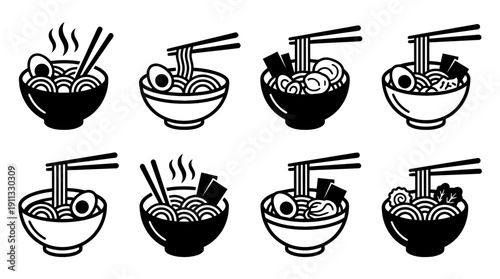 ramen bowl , black vector icon set collection , white background , SVG and PNG