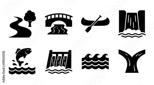 river , black vector icon set collection , white background , SVG and PNG